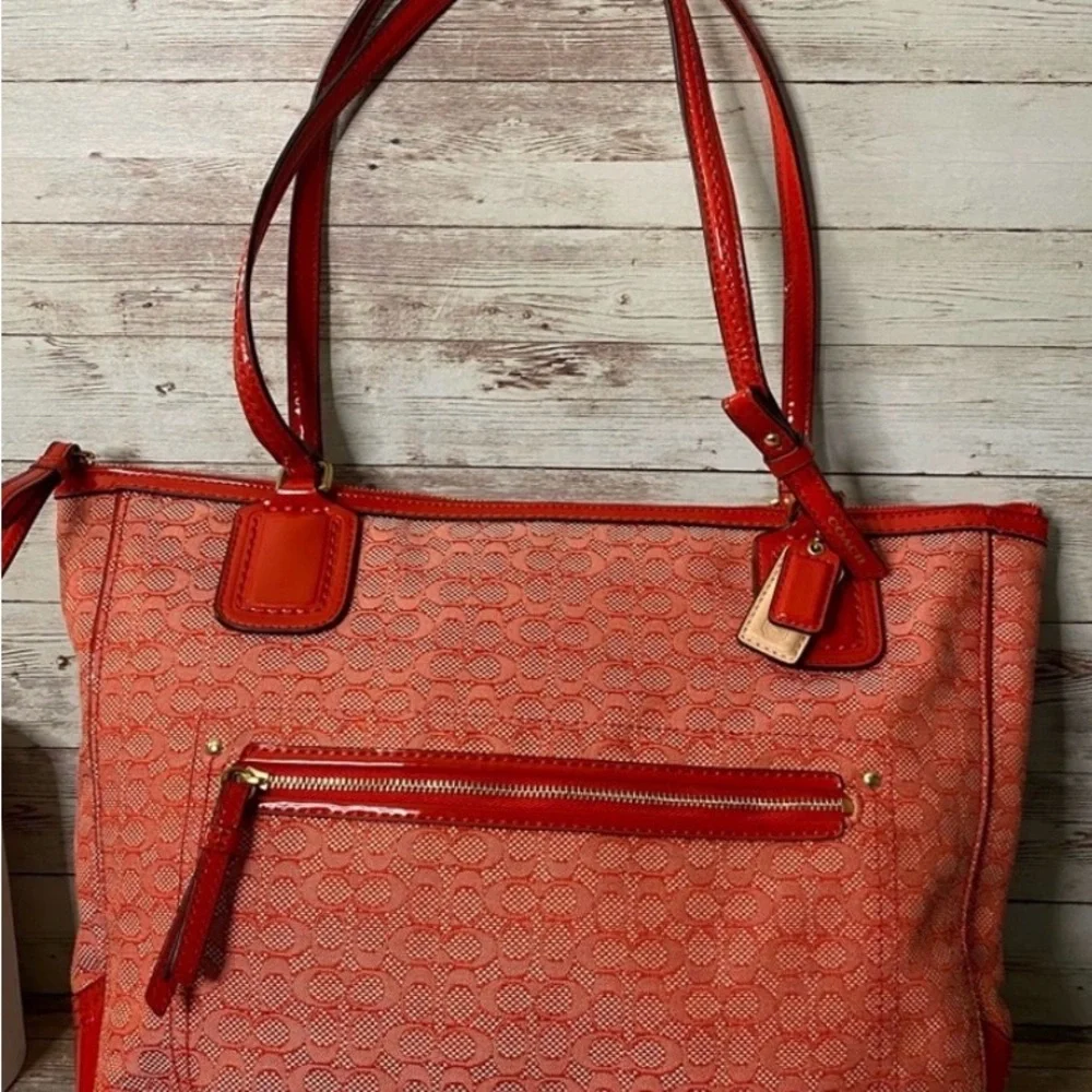 Coach Signature Jacquard Zip Top Designer Tote Poppy Red C1359-25051 EUC - Picture 3 of 12